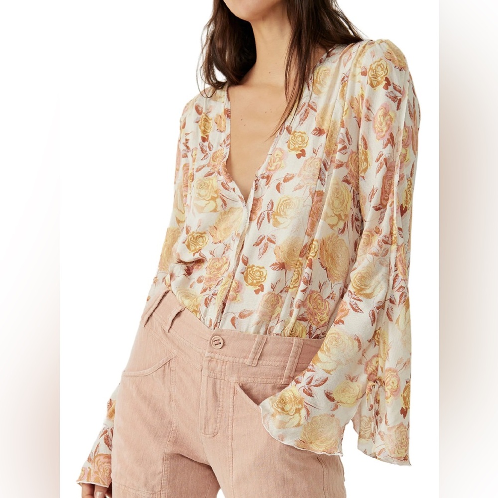 Free People Lace-THONG BOTTOM Floral BODY SUIT Cream & Brown SIZE S-P
